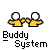 Two yellow pixelated figures with black outlines and gray circular handles, positioned side-by-side above bold text reading "Buddy System" on a white background.