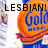 A pixelated image of a Gold Medal candy bar with repeated 'LESBIAN!' text overlaid, featuring orange, blue, and red colors.