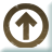 Brown circular outline encloses a solid brown upward-pointing arrow on a white background with light blue pixelated edges.
