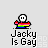 Pixelated character with rainbow flag torso and white face, repeated across with "Jacky Is Gay" text and rainbow arcs, one frame shows "OH SUPER!!!" speech bubble