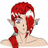Pixelated character with red hair and elf ears on white background, next to pink rectangle with black text.