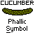Pixel art of six distinct objects with text labels on a gray background, including a green cucumber, purple scissors, green watergun, yellow pencil, red lipstick, and repeated 'Phallic Symbol' text