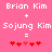 Pixelated text displays 'Brian Kim' and 'Sojung Kim' with plus and equals signs above red heart symbols on a pink background.