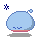 Pixelated character with blue and pink color variations, small bubble-like head, and a single blue dot on top, displayed in a of four and four