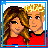 Pixel art contact sheet showing three frames of an animated buddy icon with two cartoon characters and text elements arranged in a 2x2 grid.