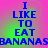 Blue pixelated text reads "I LIKE TO EAT BANANAS" on a pink and green gradient background with visible animation changes.