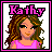 Pixel art buddy icon featuring a cartoon woman with long curly hair and pink text above her head, framed by a double border.