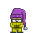 Pixel art character wearing purple nightcap with striped band and silver pom-pom, yellow jumpsuit, dark boots; neutral expression on face.