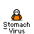 A 4x4 contact sheet of a pixel art animation showing a cartoon character with a skull head and orange body in various states from intact to disintegrating into red splatters, labeled "Stomach Virus" under each frame.