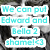 Pixelated image with cyan text overlay reading "We can put Edward and Bella 2 shame!<3" over two grayscale figures in a dark setting.