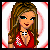 Pixel art contact sheet showing five frames of an animated AIM buddy icon featuring a cartoon woman in red top with floral patterns, black shorts, and target-like background rings.