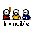 A 17-frame animated contact sheet showing a pixel art sequence of three stick figures with red, yellow, and blue bodies holding brown sticks, where the middle figure's body changes color across frames while text "_Invincible" appears below each frame.