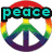 A static image shows three distinct icons: a rainbow peace symbol with 'peace' text, a red heart with 'love' text, and a yellow smiley face with 'happiness' text.