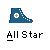 Pixelated blue high-top shoe with white laces and a beige star on the side, positioned above pixelated text reading 'All Star' on gray background.