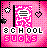 Pixelated pink-themed static icon with text "SCHOOL SUCKS" and decorative elements including a speech bubble, hearts, stars, and dotted lines on a gradient background.