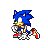 Pixel art animation of Sonic the Hedgehog in various running and jumping poses with red-and-white sneakers, blue fur, green eyes, and white gloves.