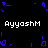 Pixelated icon with repeated text and blue decorative elements on black background.