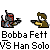 Pixel art contact sheet showing two animated frames of a Star Wars-themed buddy icon featuring Boba Fett and Han Solo in combat poses with text labels, repeated twice on a gray background.