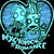 Heart-shaped cyan skull with blue eyes and jagged teeth inside a heart outline, surrounded by pixelated text.