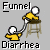 Pixelated character in yellow shirt sits on stool, holding white tube connected to another character's mouth with red ball at the end; text reads "Funnel" and "Diarrhea Funnel".