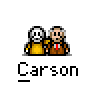 A contact sheet of 11 animated frames showing a pixel art buddy icon with two characters, one in yellow and one in brown suits, displaying text bubbles and date ranges across different states.