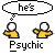 Pixelated character in yellow shirt with white head, multiple poses and text bubbles reading 'he's', 'gay', 'bite me!', under 'Psychic' label.
