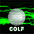 A 6-frame animated contact sheet showing a golf ball icon with green motion effects against black background, each frame displaying the word "GOLF" below the ball.