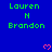 Blue background with green text 'Lauren N Brandon' repeated in a , pink heart symbols appear and disappear across frames
