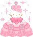 Pixelated Hello Kitty figure in pink gown with crown, surrounded by pink sparkles on gray background.