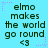 Light blue background with dark green text reading "elmo makes the world go round <3" repeated in a pattern, surrounded by purple star and dotted line decorations