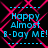 Pixelated cyan text reads 'Happy Almost B-Day ME!' over a black background with pink diamond-shaped lines, repeated in four identical quadrants.
