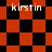 A static image displays four distinct red and black checkered patterns with the word 'kirstin' in white pixelated text overlaid on each section.