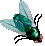 Pixelated insect with teal body, translucent wings, and black limbs in two poses against gray background.