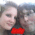 Two people pose closely together in a pixelated image with red text overlay on the left and purple circle on the right, transitioning to black text below.