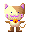 Pixelated cat-like character with beige and brown fur, purple inner ears, blue eyes, pink cheeks, and orange bow tie on gray background.