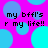 Pixelated text 'my bfll's r my life!!' repeated across a bright pink background with overlapping cyan and blue circles.