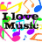 Colorful music-themed icon with 'I love Music' text surrounded by multicolored musical notes on a white background.
