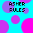 Pixelated text 'ASHER RULES' appears in four locations on a cyan background with overlapping pink and purple circles.