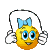 Yellow circular character with blue eyes and a light blue bow, holding black jump rope in various poses