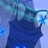 Pixelated blue-toned icon of a figure with dark hair and light-colored eyes, wearing a sleeveless top against a gradient background.