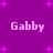 Purple background with pink plus signs and repeated 'Gabby' text in pixelated white font.