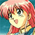 Pixelated anime-style character with pink hair, large eyes, and a red outfit against a blue background.