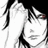 Black-and-white anime-style icon of a character with long dark hair, red eyes, and hand near face in three showing subtle facial expression changes