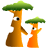 Two pixelated mushroom-like figures with green caps and orange stems stand side-by-side against a gray background.