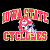 Pixelated graphic with red and yellow text reading 'MUSTANG CYCLES' surrounding a central skull icon on black background.
