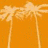 Pixelated orange background with two palm trees on left and blue-and-white striped structures on right.