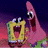Pixelated cartoon characters Spongebob Squarepants and Patrick Star with open mouths against a dark gradient background, text on the right side.