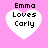 Four identical pixelated heart-shaped icons with black text reading "Emma Loves Carly" on a pink background, arranged in a