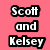 Pixelated text on a pink and gray background reads "Scott and Kelsey in Love" with black outlines.