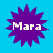 Four identical purple starburst shapes with white text "Mara" on a solid blue background, arranged in a